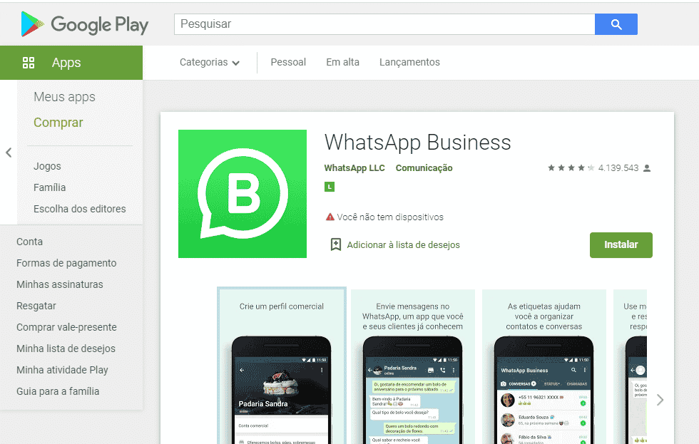 WhatsApp Business na Google Store